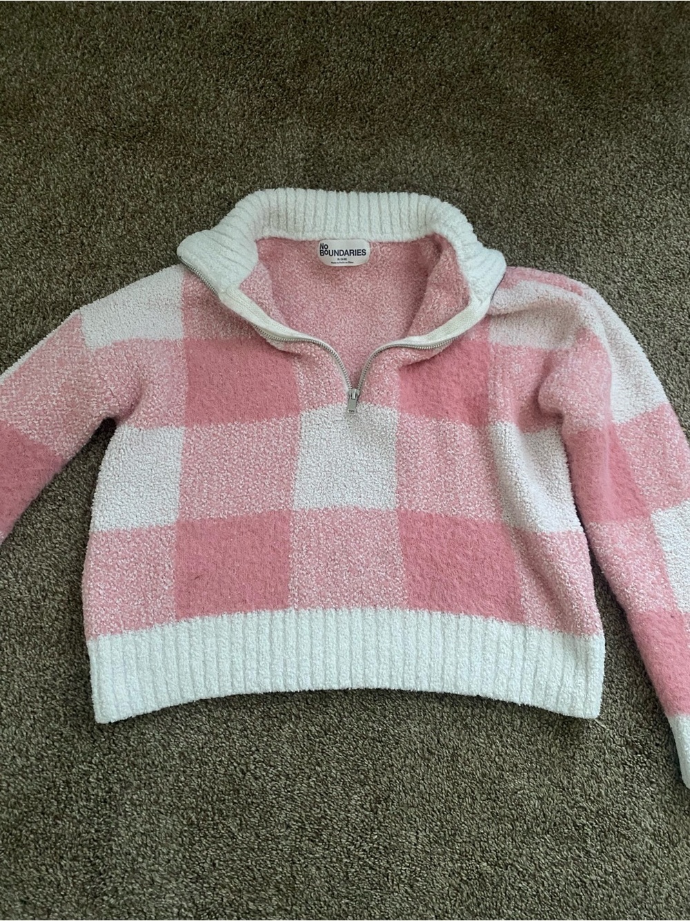 No Boundaries Pink and White Check Half-Zip Bouclé Sweater